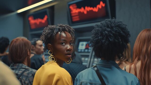 Crowds gather to observe stock market screens showing declines as the financial crisis impacts everyone. Tension fills the air as individuals react to the downturn amidst a busy environment.