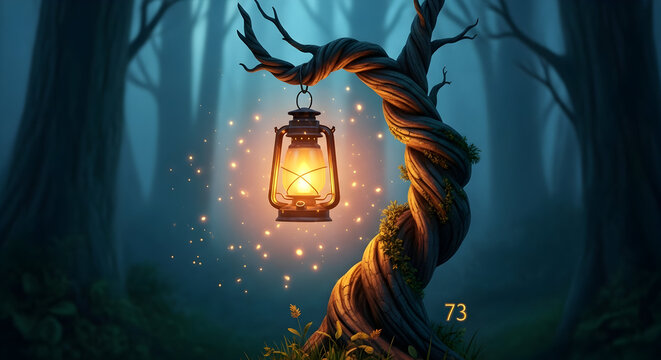 Mysterious lantern illuminates twisted tree in enchanted forest