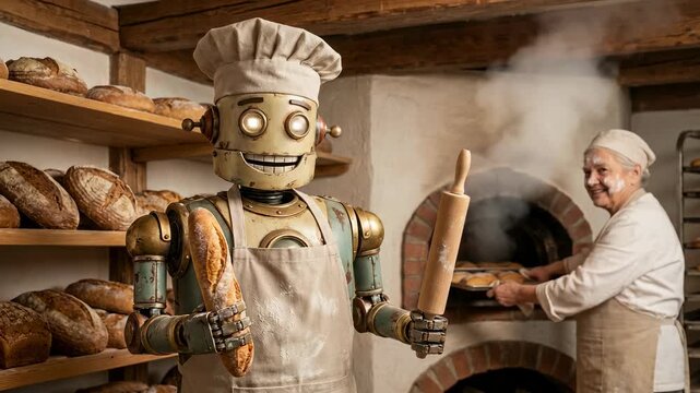 Robot chef displays a loaf of bread and rolling pin in a bakery, while an elderly woman prepares bread in a traditional oven with shelves of loaves