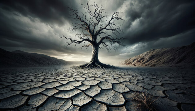 Dead Tree in Cracked Desert Landscape