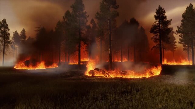 wildfire burning in forest with smoke and flames