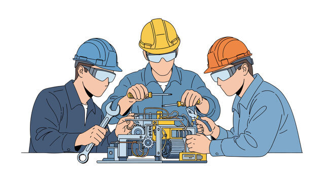 Team of Engineers: Three engineers with hard hats and safety goggles work together to assemble machinery, highlighting the precision and collaboration required in engineering and industry.