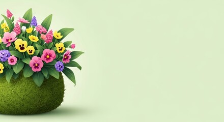 Fototapeta premium Colorful flower arrangement of pansies in mossy pot on soft green background, copy space 