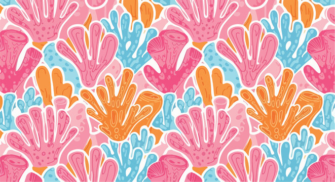 Vibrant abstract coral reef pattern with pink, orange, and blue organic shapes, perfect for summer or ocean themes.