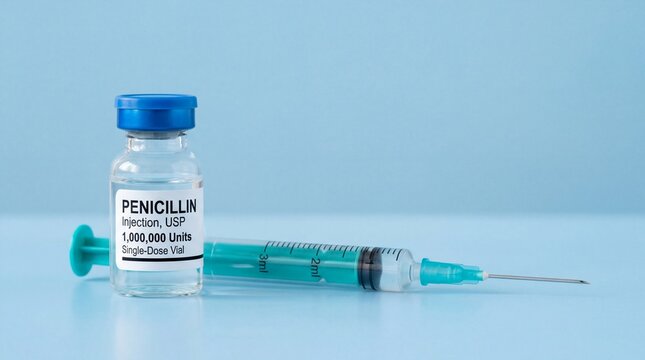 Penicillin vial  syringe on blue backdrop Healthcare antibiotic treatment.