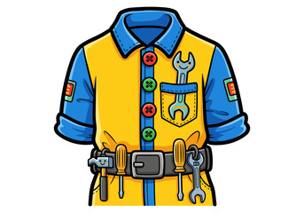 Fototapeta premium Cartoon mechanic's uniform with tools and happy wrench character on white background