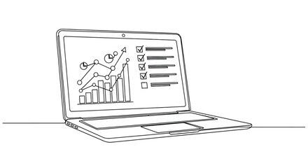 Fototapeta premium Laptop with financial graph, minimalist line art, represents data