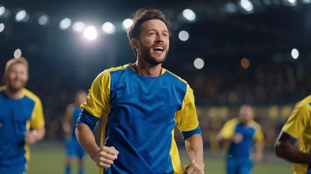 Players run on the field with joy after scoring a goal in a football match. Fans cheer in the background as the atmosphere fills with excitement.