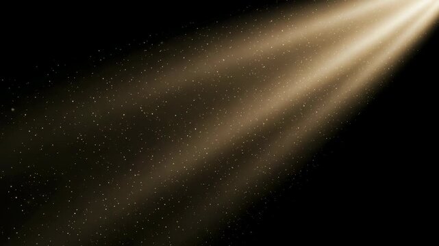 Light beam with golden particles gradually shifts in intensity and direction across three frames, creating a dynamic visual effect in dark space