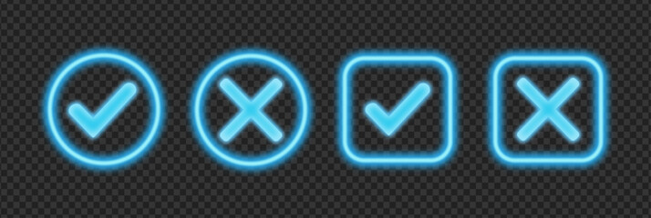 Glowing neon check and cross icons set. Tick and cross symbols to select correct or wrong options from the list. Vector illustration. © trendystore 