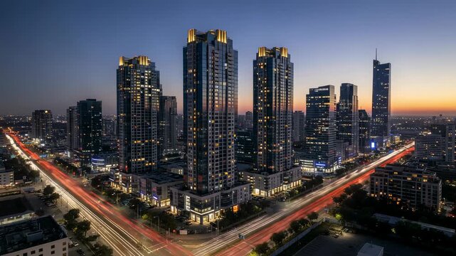 Urban skyline features illuminated skyscrapers and busy traffic at dusk, highlighting the vibrant city life and architectural beauty in a modern setting
