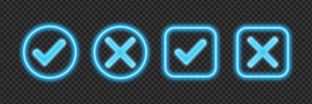Glowing neon check and cross icons set. Tick and cross symbols to select correct or wrong options from the list. Vector illustration.