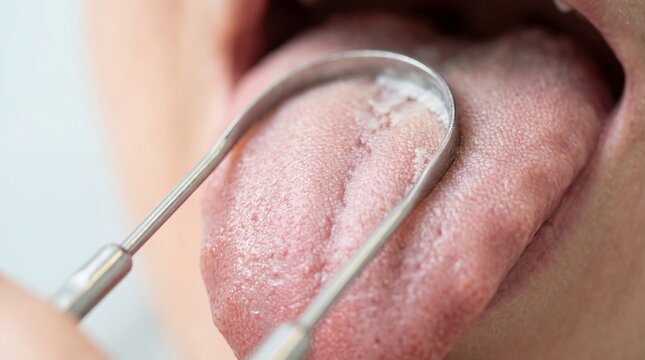 Tongue scraping clean for oral hygiene Health checkup closeup.