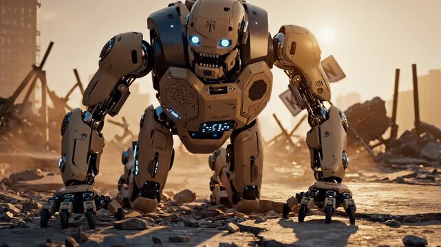 Giant robot walks through destroyed city in apocalyptic wasteland. Futuristic mech moves among ruins and debris. Robot explores destroyed city. Mech walks in wasteland. Giant robot in ruins.