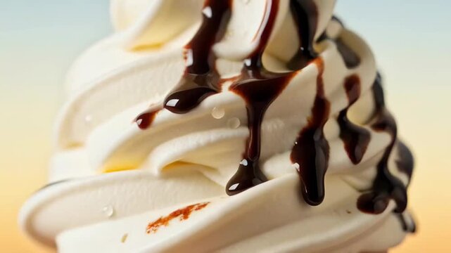 Close up of a vanilla soft serve ice cream swirl with chocolate sauce dripping and water droplets on a pastel gradient background, creamy dessert indulgence