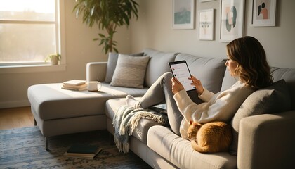 Obraz premium A woman relaxes on a couch with her cat while using a tablet in a cozy living room