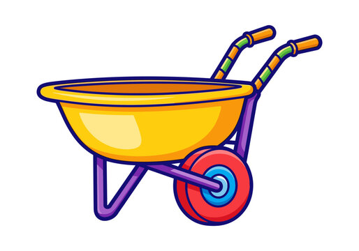 Bright yellow cartoon wheelbarrow with purple frame and colorful handles