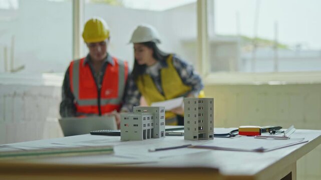 Architect and engineer working brainstorming and measuring for cost estimating on paperworks and floor plan drawings about design architectural and engineering for houses and buildings.