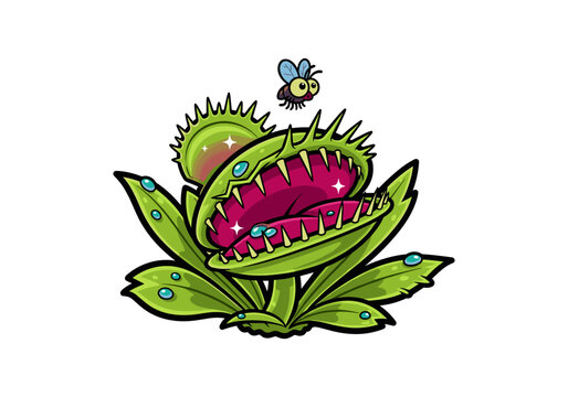 Cartoon venus flytrap plant with open jaws and a fly overhead