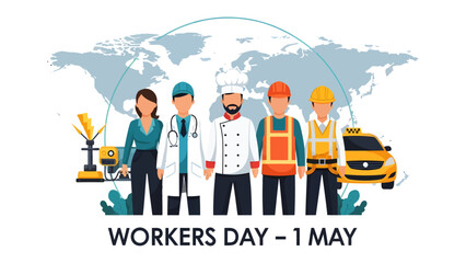 Workers' Day Celebration: A diverse group of workers representing various professions stands united. © FARHANA