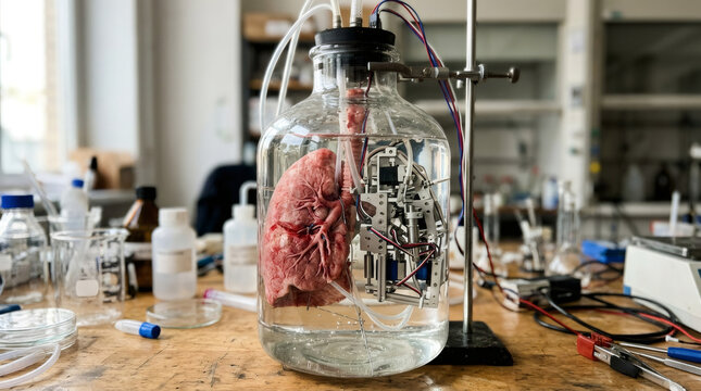 Human lung attached to mechanical metal device inside glass jar with liquid. Biological experiment in medical laboratory. Biotechnology research for organ transplant and artificial support.