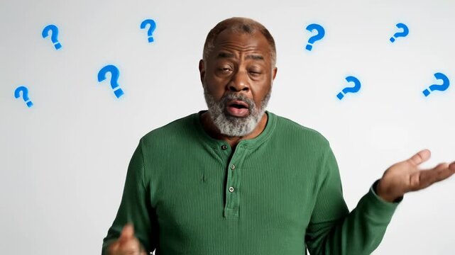 Man with question marks around his head