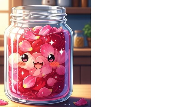 Cartoon jar of rose petal jam with a cheerful face and sparkle, copy space    