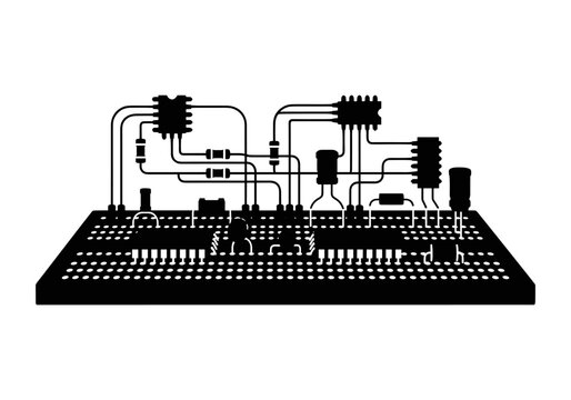 Black and white illustration of a complex electronic circuit on a breadboard