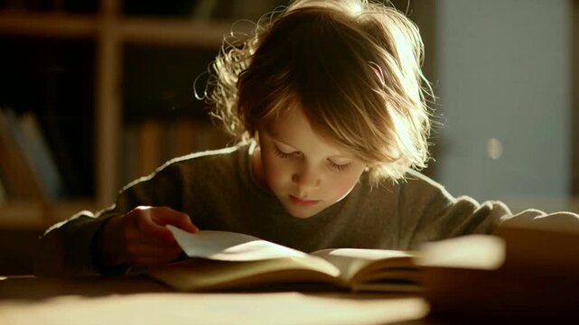 Warm sunlight highlights a diligent young reader, lost in the world of a storybook, symbolizing early education, curiosity, and the joy of discovery at home