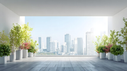 Fototapeta premium Balcony urban garden skyline cityscape morning sunlight potted plant terrace view modern architecture