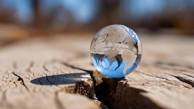 A glass globe showing a map of the world sits on cracked earth. The crack suggests a crisis in the environment. The sunlight enhances the details of the globe and the surface.