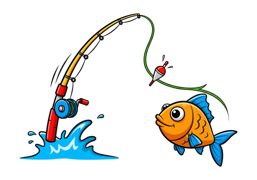 Cartoon fishing rod and happy fish about to be caught
