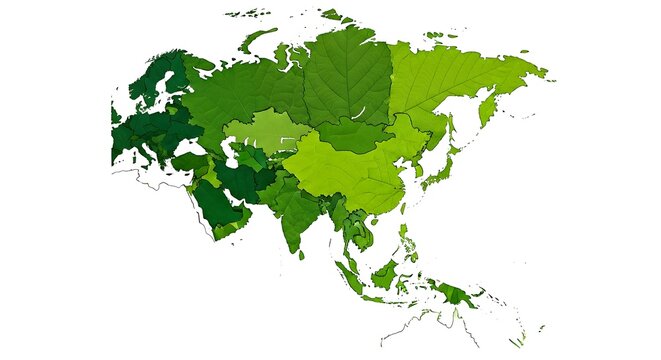 Eco themed green leaf map of Asia and Europe.