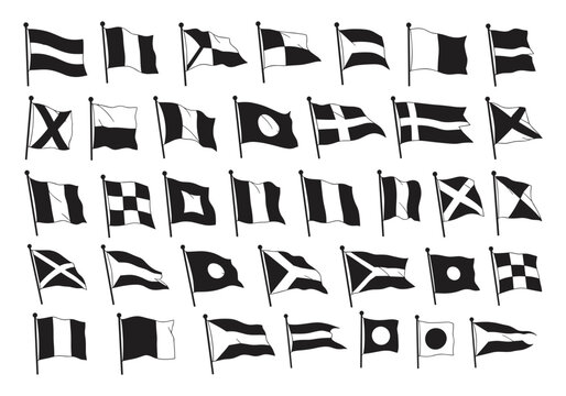 Collection of nautical signal flags displayed on poles against a white background