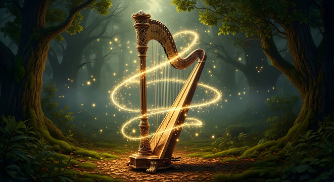 Enchanted harp in a mystical forest with glowing lights