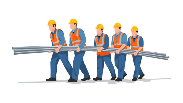 Construction Teamwork: A group of construction workers in uniform, working together to carry long metal bars, embodying the spirit of collaboration, teamwork and hard work in the building industry.