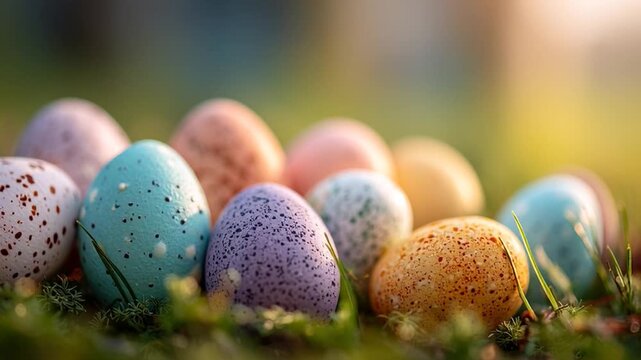 Colorful eggs on the grass during spring season for Easter celebration
