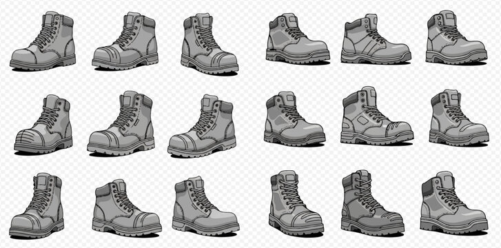 Collection of various work boots and safety shoes in different styles and shades of gray, isolated on a transparent background.