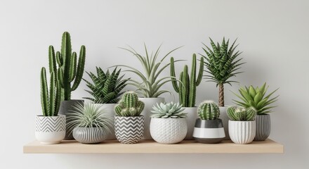 Obraz premium Variety of cacti and succulents on a wooden shelf against a white wall