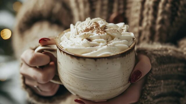 Hand holding a cinnamon spiced coffee cup