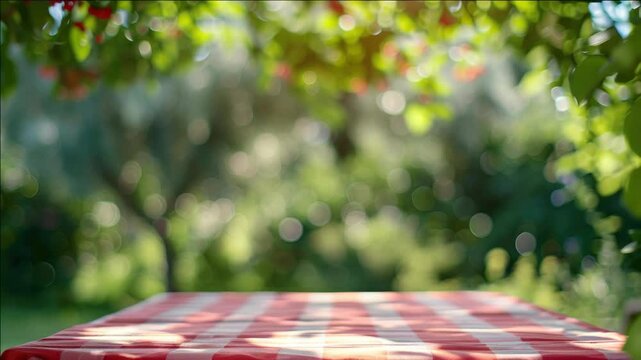 Red and white checkered tablecloth on picnic table