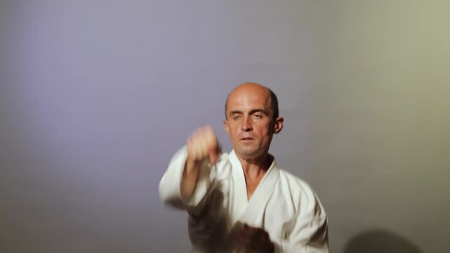 Against a light background, an athlete with a black belt performs punches in a standing position while moving