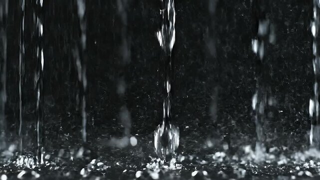 Close-up of falling water streams in dark, textured environment
