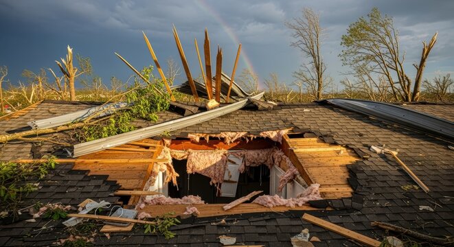 Tornado Damaged Roof With Debris Under Rainbow And Stormy Sky