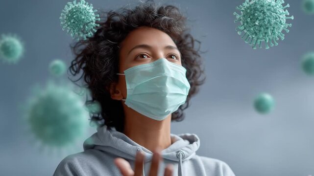 Person wearing a mask stands outside with a worried expression. Viruses are floating in the air around them. The scene captures the emotional impact of the ongoing crisis in fall.