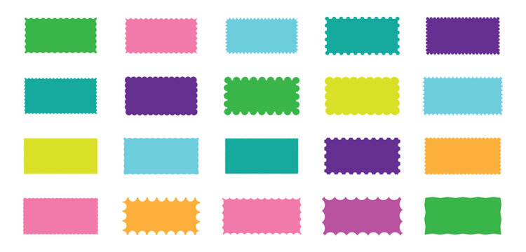 Set of zigzag frames edge colourful Geometric shapes with scallop and zigzag edges set. Vector zigzag objects for mail, postcard, letter, note, badge, sticker, photo, frame. Vector illustration.