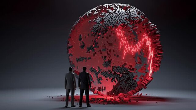 Two figures stand facing a large globe that shows a downward trend in economic data. The globe is breaking apart, reflecting a crisis. Red graphs and patterns illustrate a serious downturn.