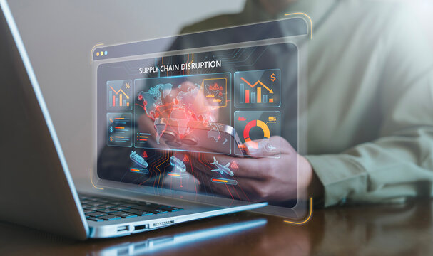 Business person analyzing virtual supply chain disruption dashboard with declining trade charts for global economic impact and geopolitical conflict concept