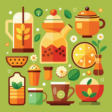 Seamless pattern of tea cups and drinks with fruits, cakes, and kitchen items in a fun, cartoon style