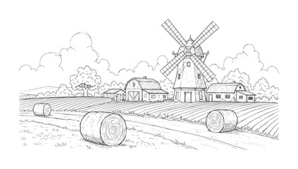 Rural farm landscape with windmill barn and hay bales in a field © Rakibul V